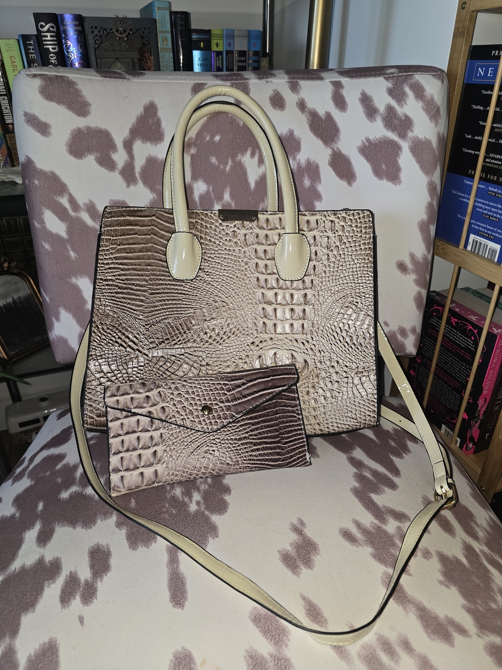 Croc-Embossed Blush Tote with Removable Strap and Wallet